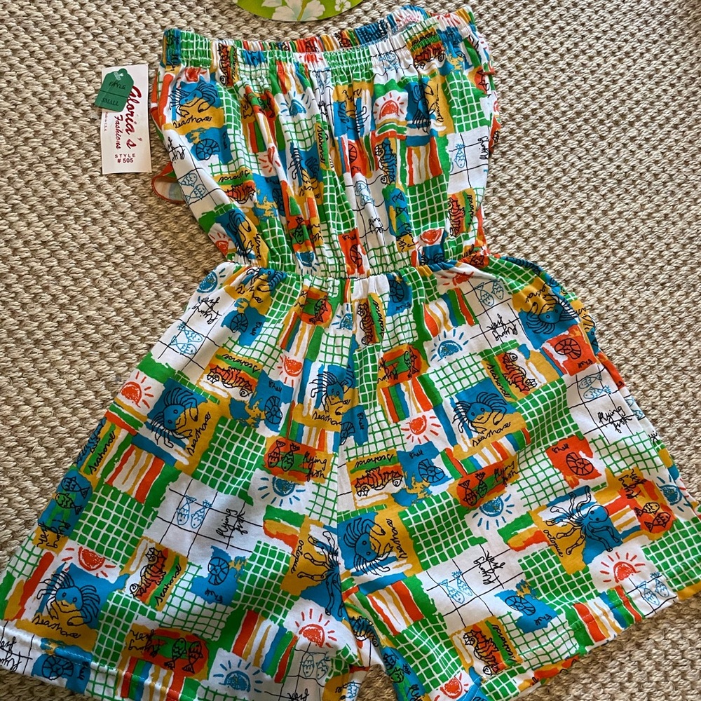 Strapless short romper Size small NWT blue green white orange gold.